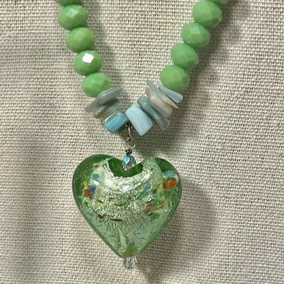 Murano Jade Green & Orange Glass & Shell 🐚 Handmade Artisan Jewelry set. - Picture 4 of 8